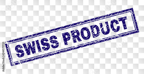 SWISS PRODUCT stamp seal print with scratched style and double framed rectangle shape. Stamp is placed on a transparent background.
