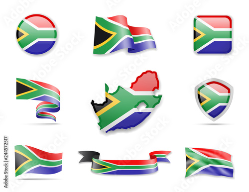 South Africa flags collection. Flags and outline of the country. Vector illustration