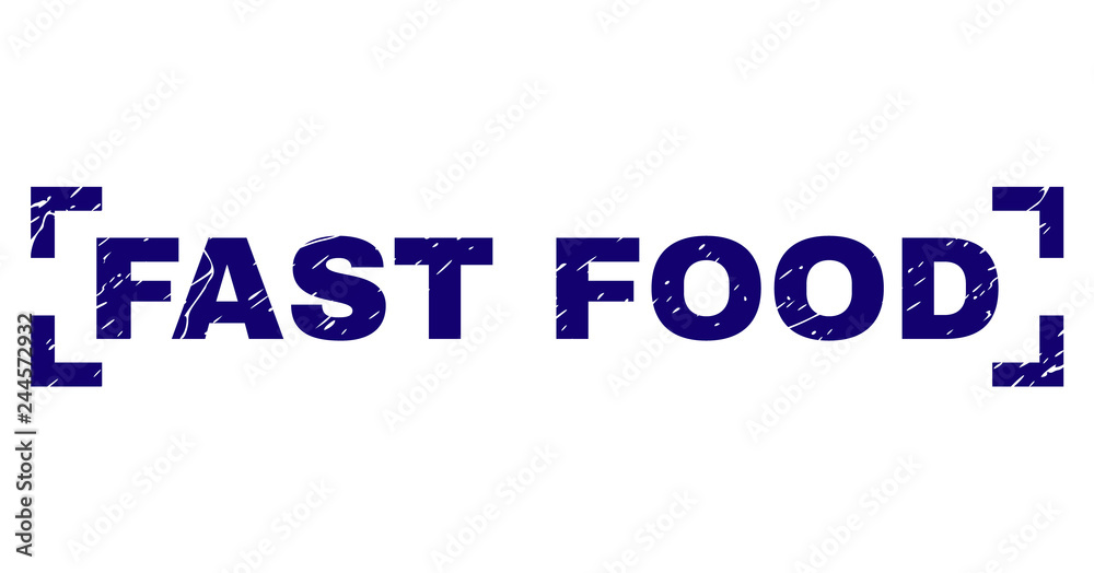 FAST FOOD text seal print with distress texture. Text caption is placed between corners. Blue vector rubber print of FAST FOOD with scratched texture.