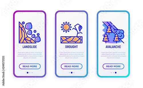 Disasters thin line icons set: landslide, drought, avalanche. Vector illustration for user mobile interface.