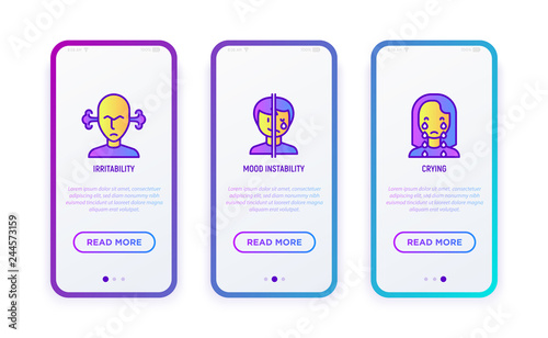 Neurosis thin line icons set: irritability, mood instability, crying. Vector illustration for user mobile interface.