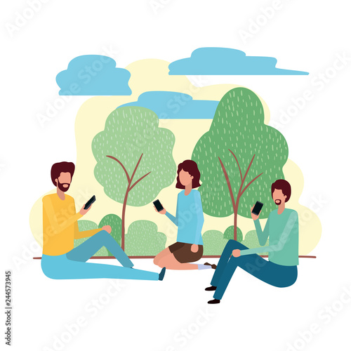 group of people with smartphone in landscape character