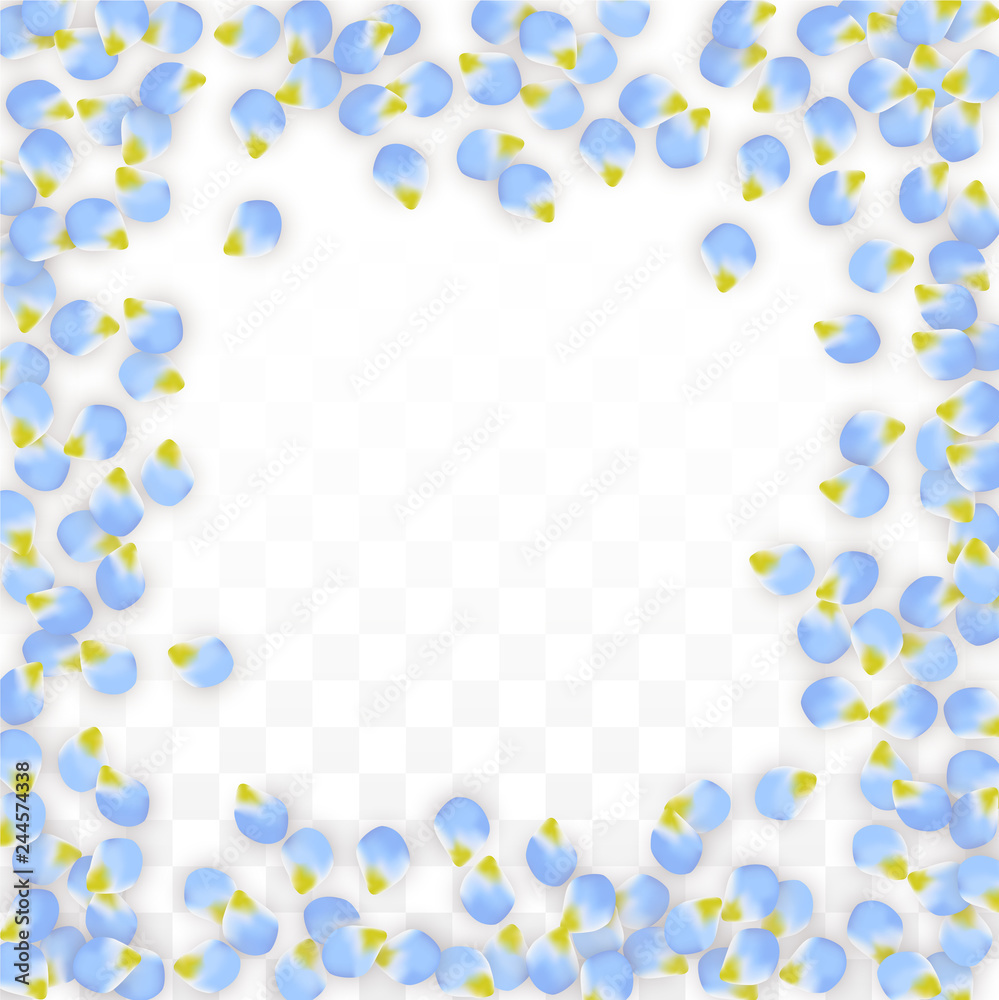 Vector Realistic Blue Petals Falling on Transparent Background. Spring Romantic Flowers Illustration. Flying Petals. Sakura Spa Design. Blossom Confetti. Vector Realistic Blue Petals Falling on Transparent Background. Spring Romantic Flowers Illustration. Flying Petals. Sakura Spa Design. Blossom Confetti.