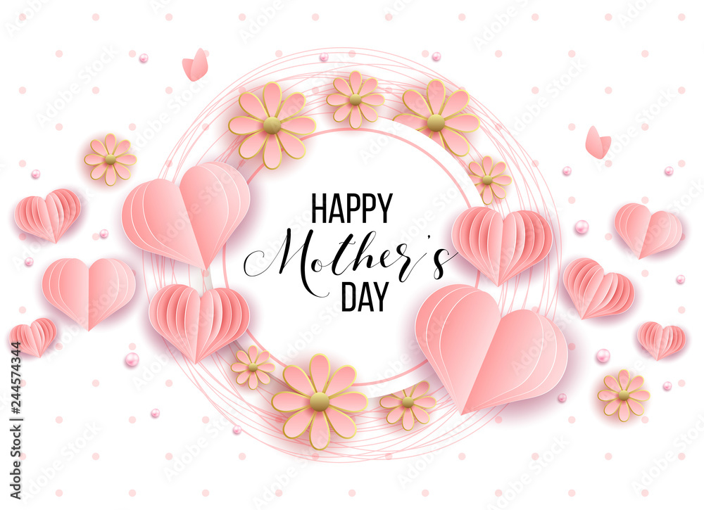 Happy mother's day layout design with roses, lettering, ribbon, frame, dotted background. Vector illustration.  Best mom / mum ever cute feminine design for menu, flyer, card, invitation. - obrazy, fototapety, plakaty 