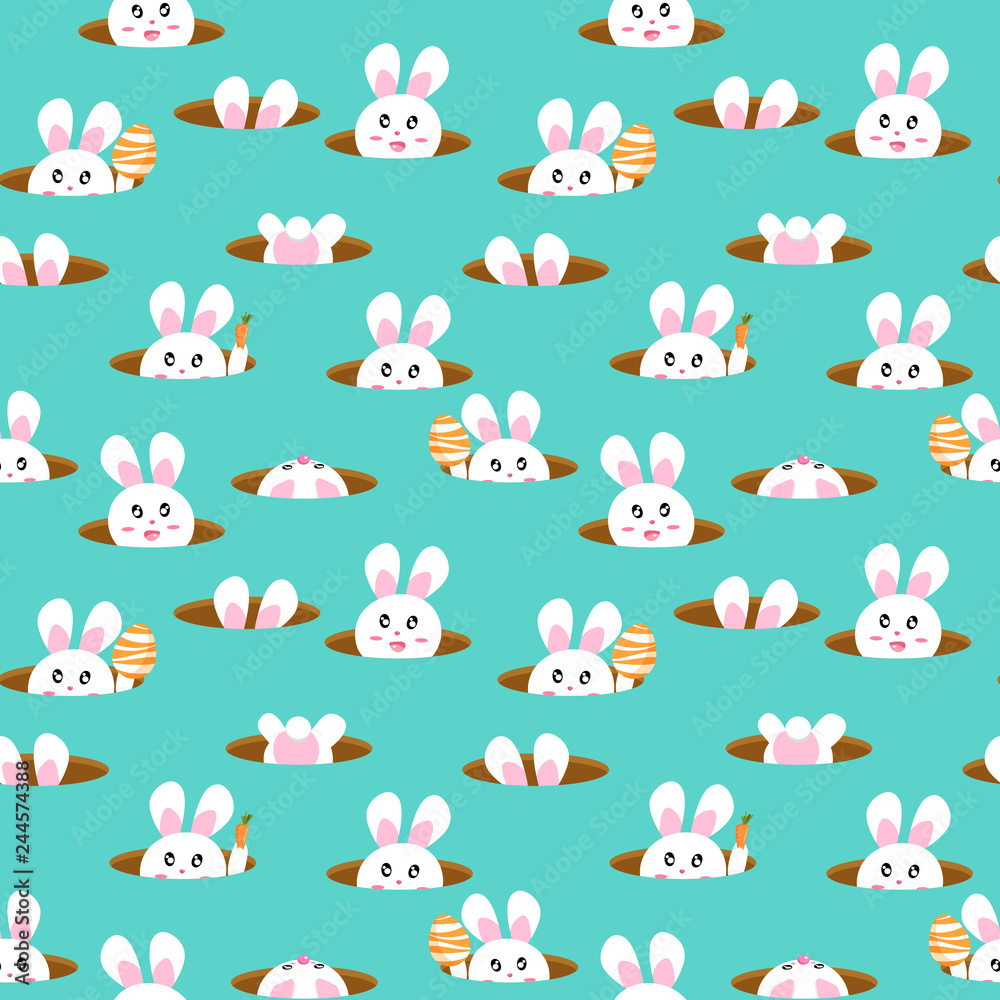 Rabbit in hole, cute cartoon seamless pattern, Happy Easter kids and baby texture background vector illustration