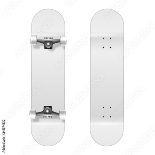 Skateboarding. Vector Realistic 3d White Blank Skateboard Icon Set Closeup Isolated on White Background. Design Template of Skate Board Showing the Top and Bottom for Mockup. Top view