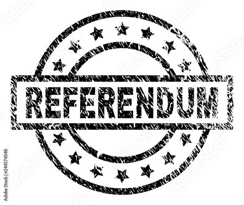 REFERENDUM stamp seal watermark with distress style. Designed with rectangle, circles and stars. Black vector rubber print of REFERENDUM text with unclean texture.
