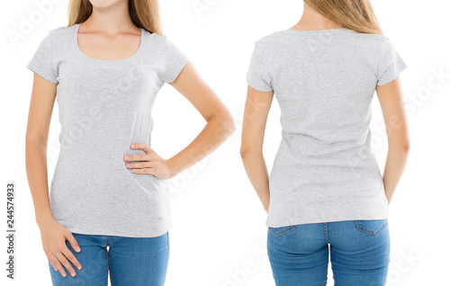 Close up of gray t shirt set. Woman in blank template tshirt with copy space isolated on white background. Front and rear view. Mock up