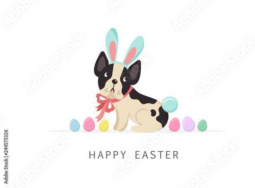Happy Easter card, dog wearing bunny costume