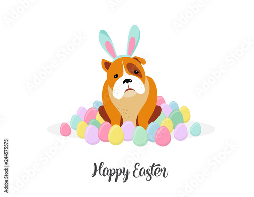 Happy Easter card, dog wearing bunny costume surrounded by Easter eggs