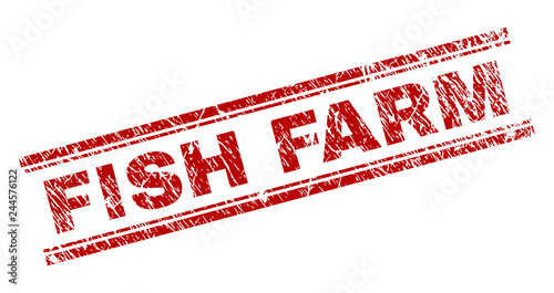 FISH FARM seal imprint with distress texture. Red vector rubber print of FISH FARM title with retro texture. Text title is placed between double parallel lines.