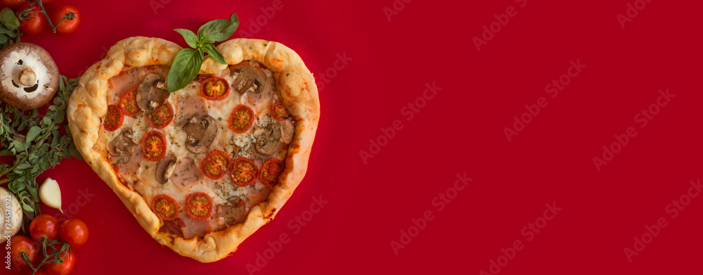 Pizza heart shaped on red Pizza heart shaped on red