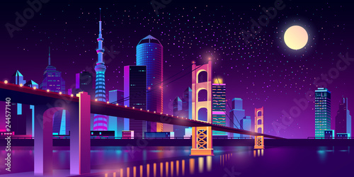 Vector big hinged bridge in modern megapolis on river. Night architecture background with bright glowing buildings in cartoon style. Urban skyscrapers in neon colors, town exterior.