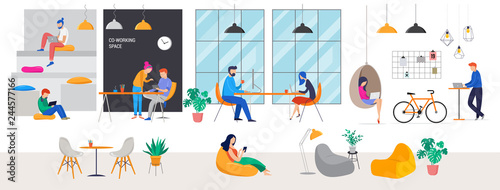 Co-working space, concept illustration. Young people working on laptops and computers on shared modern office workplace. Vector flat style illustration