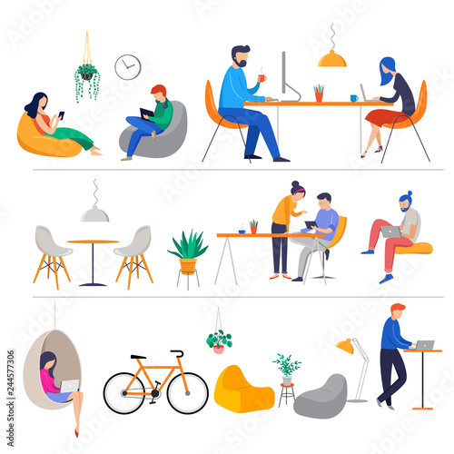 Co-working space, concept illustration. Young people working on laptops and computers on shared modern office workplace. Vector flat style illustration