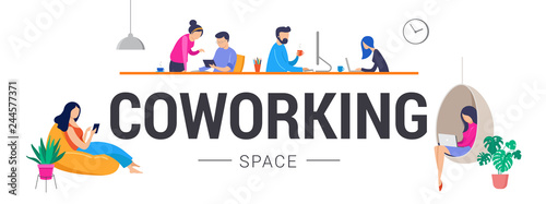 Co-working space, concept illustration. Young people working on laptops and computers on shared modern office workplace. Vector flat style illustration