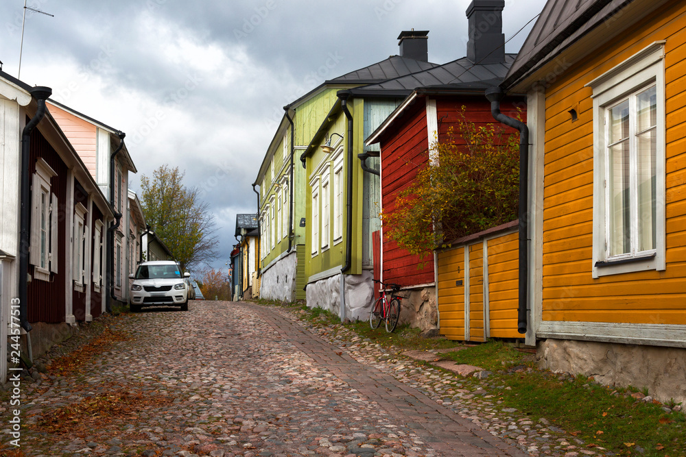 Street with wooden houses in the city of Porvoo, Finland Street with wooden houses in the city of Porvoo, Finland