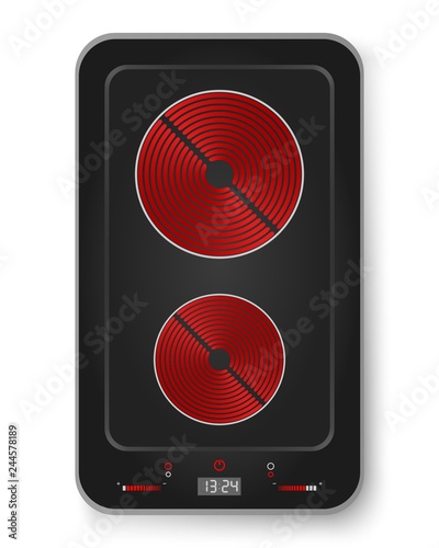 Black kitchen electric induction cooker with digital clock display and shadow on white background. Kitchen electric ceramic appliance with the plate turned on 