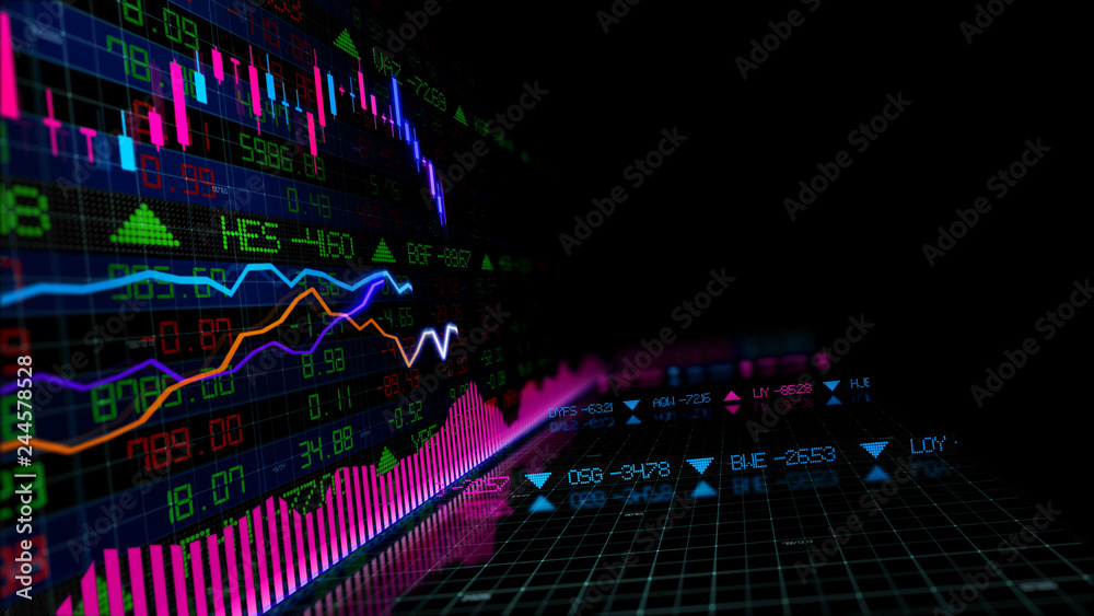 3D rendering of stock indexes in virtual space. Economic growth, recession 3D rendering of stock indexes in virtual space. Economic growth, recession