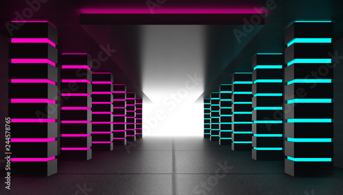 Against the background of an empty dark room, a corridor with neon glowing pink and blue piles. Searchlight, blue laser beams, smoke. 3d illustration