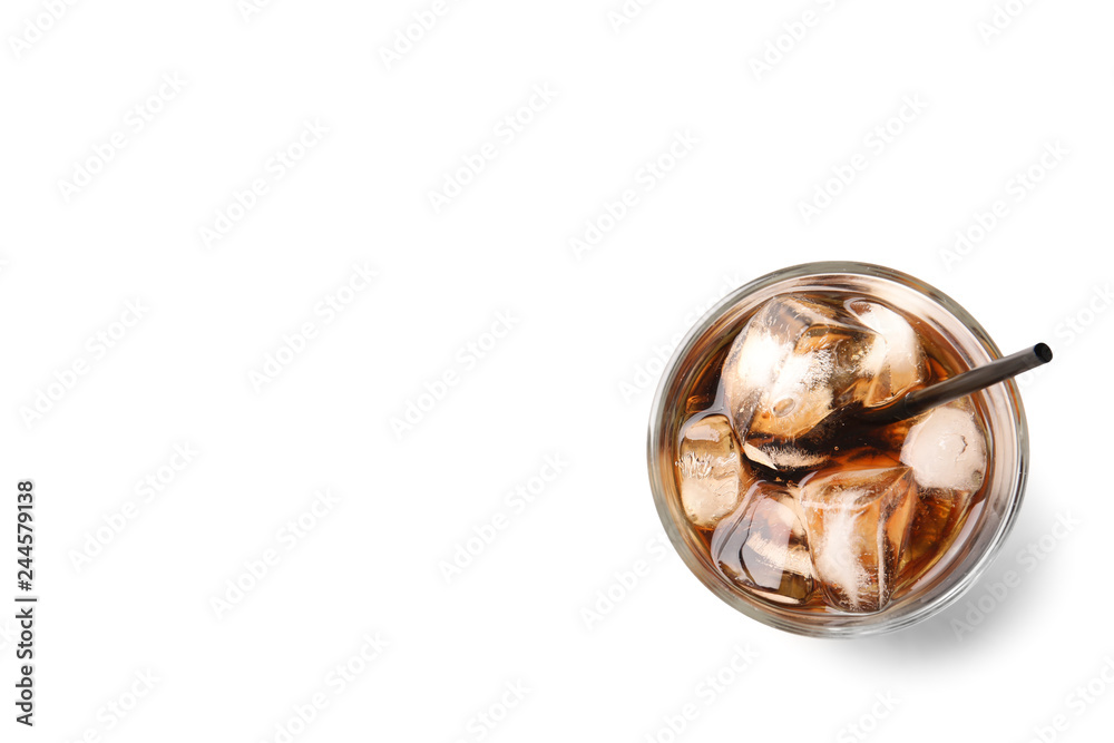 Glass of refreshing cola with ice on white background, top view. Space for text Glass of refreshing cola with ice on white background, top view. Space for text