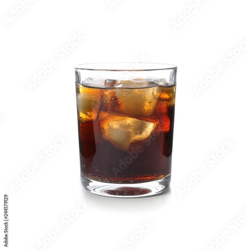Glass of refreshing cola with ice on white background