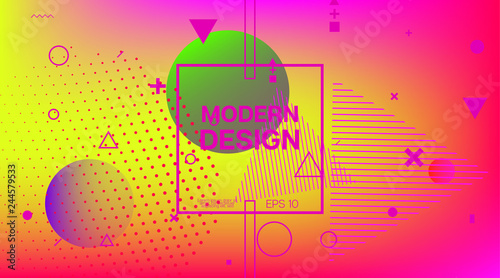 Memphis Minimal Cover Horizontal Vector Template. Neon Gradient Overlay, Small Space Particles Background. Geometric Memphis Design Elements, Horizontal Music Poster. Vintage Elemets Business Design.