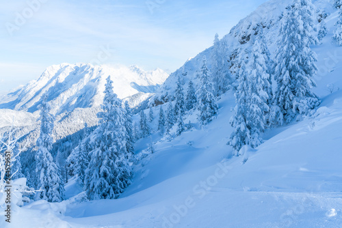 View of winter landscape with snow covered trees and Alps in Seefeld in the Austrian state of Tyrol. Winter in Austria