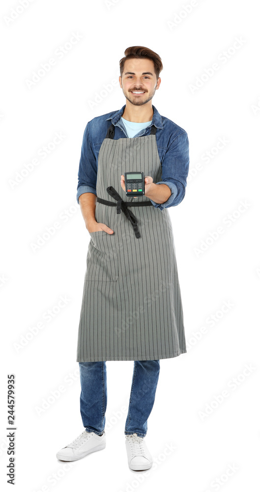 Waiter with terminal for contactless payment on white background Waiter with terminal for contactless payment on white background