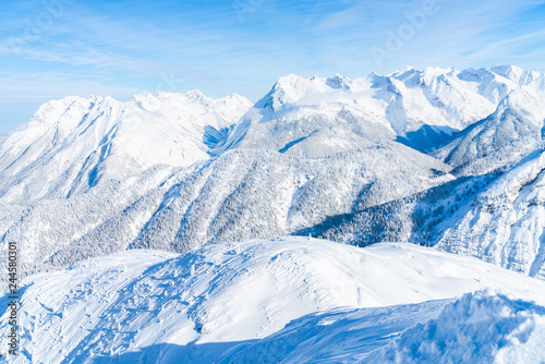 View of winter landscape with snow covered Alps in Seefeld in the Austrian state of Tyrol. Winter in Austria