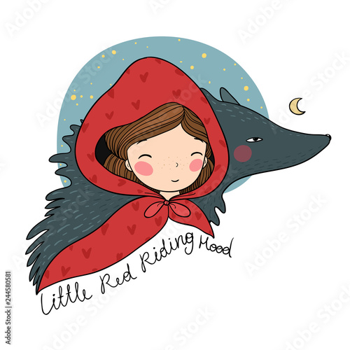 Little Red Riding Hood fairy tale. Little cute girl and wolf.