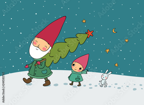Cute cartoon gnomes. Christmas elves. Grandfather and grandson. Christmas tree - Vector