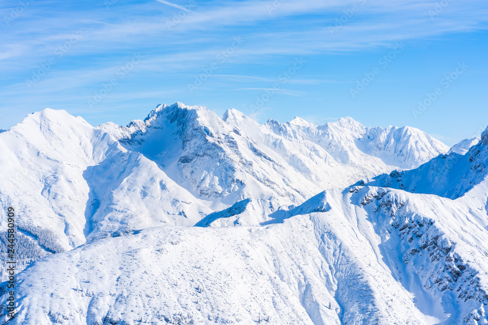 View of winter landscape with snow covered Alps in Seefeld in the Austrian state of Tyrol. Winter in Austria