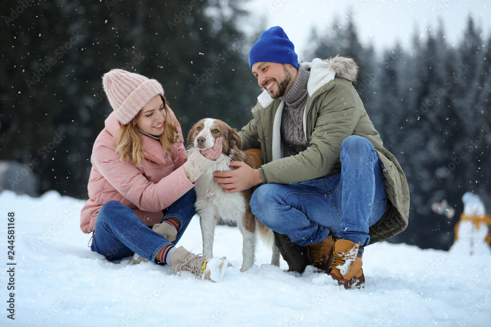 Naklejka premium Cute couple with dog near forest. Winter vacation