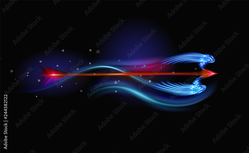 Glowing fantasy red arrow of Cupid, gives ardent love. Amur festive attribute of Valentines day, illuminated with luxury glow on a black background. Colorful design illustration Glowing fantasy red arrow of Cupid, gives ardent love. Amur festive attribute of Valentines day, illuminated with luxury glow on a black background. Colorful design illustration
