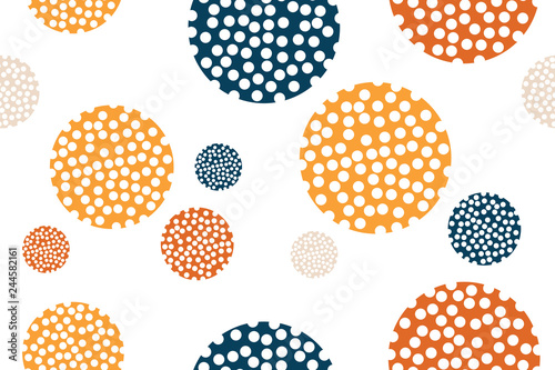 Seamless, abstract background pattern made with circles in cell abstraction. Playful, modern vector art. Orange and dark blue colors on white background.