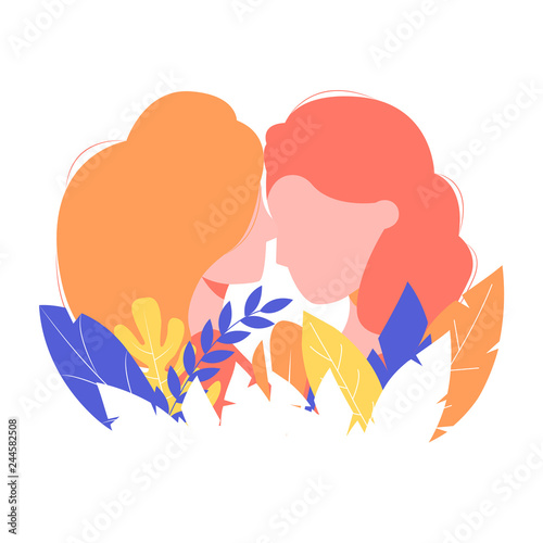 Colorful silhouette of a loving couple of girls. Support and female friendship. Women are surrounded by bright leaves. Vector illustration.
