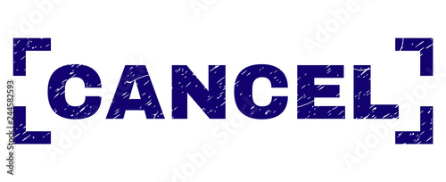 CANCEL text seal print with corroded texture. Text title is placed inside corners. Blue vector rubber print of CANCEL with dust texture.