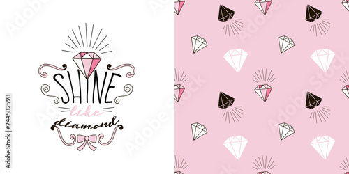 Typographic print with princess diamond lettering. Diamond seamless pattern. Pink colour. Perfect for baby girl fabric, textile, apparel, pyjamas, t-shirt print, Valentines Day design