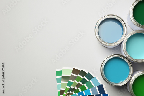 Paint cans and color palette on white background, top view. Space for text photo