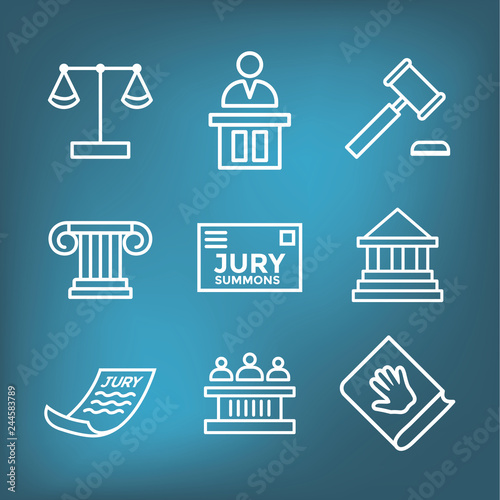 Law and Legal Icon Set with Judge, Jury, and Judicial icons