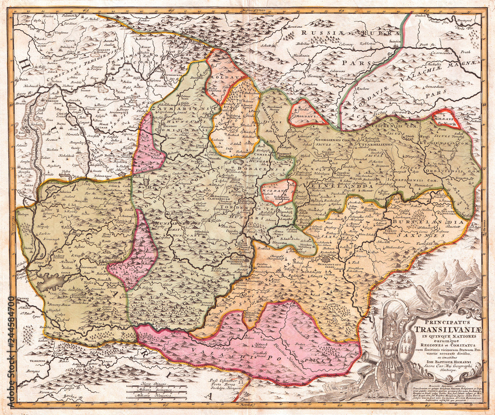 1720, Homann Map of Transylvania, Romania