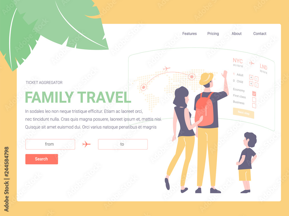 Landing template. Family book plane tickets online. Planning a family trip for mom, dad and son. Traveling together.