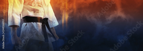 Guy poses in white kimono with black belt.