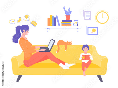 Mom and son in the living room are sitting on the couch. A woman works with a laptop online, the boy reads a book. Mom has time for everything. Illustration in the interior.