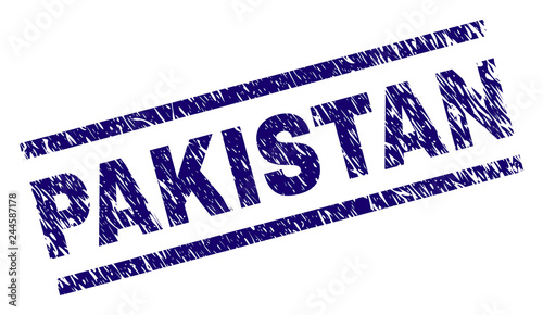PAKISTAN seal print with distress style. Blue vector rubber print of PAKISTAN text with corroded texture. Text tag is placed between parallel lines.