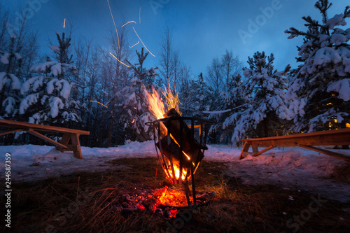 Fototapeta Naklejka Na Ścianę i Meble -  Bonfire in the winter forest illuminates the snow