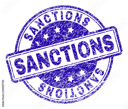 SANCTIONS stamp seal watermark with distress texture. Designed with rounded rectangles and circles. Blue vector rubber print of SANCTIONS tag with grunge texture.
