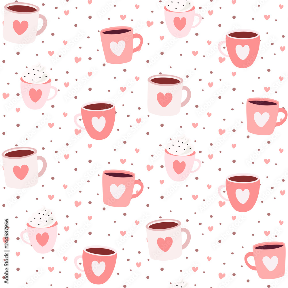 Cute romantic seamless pattern with mugs hearts and dots - lovely handmade style pattern design Cute romantic seamless pattern with mugs hearts and dots - lovely handmade style pattern design