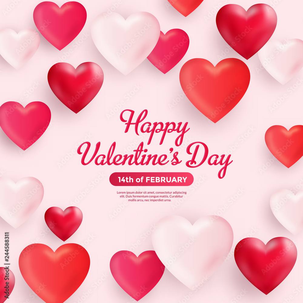 Valentines day greeting with red and pink hearts background